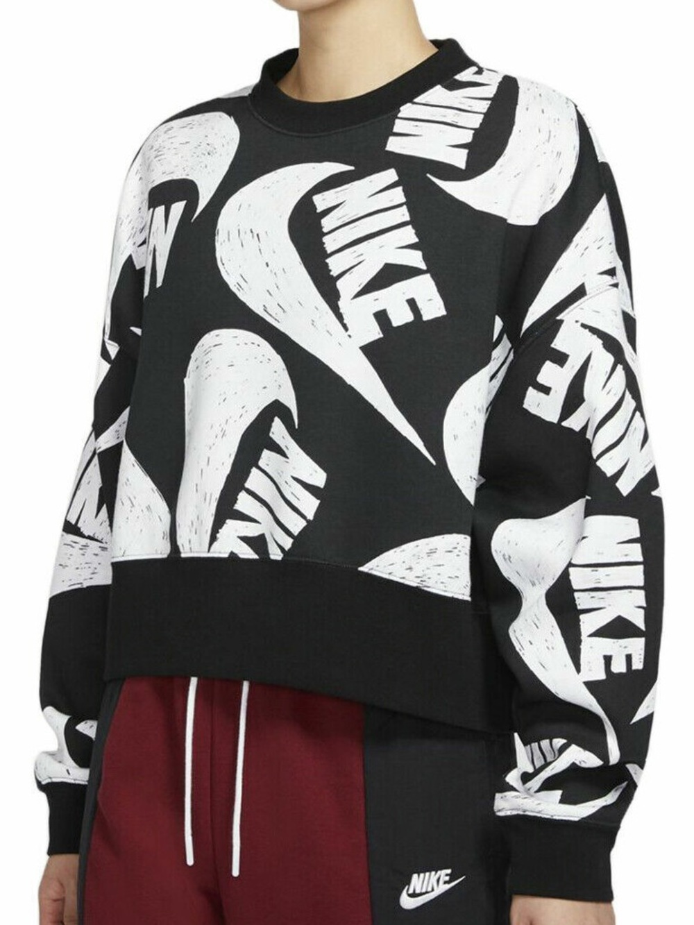 Nike Icon Clash Fleece Crop Crew Sweatshirt Oversized Logo Black White Medium